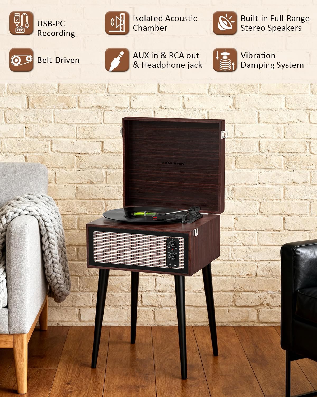 Vintage Standing Vinyl Record Player with Detachable Legs, PC Recording, 3-Speed Belt Driven Bluetooth Turntable Built-in Stereo Speakers Use as Stand or Tabletop Player, Home Decor, Espresso