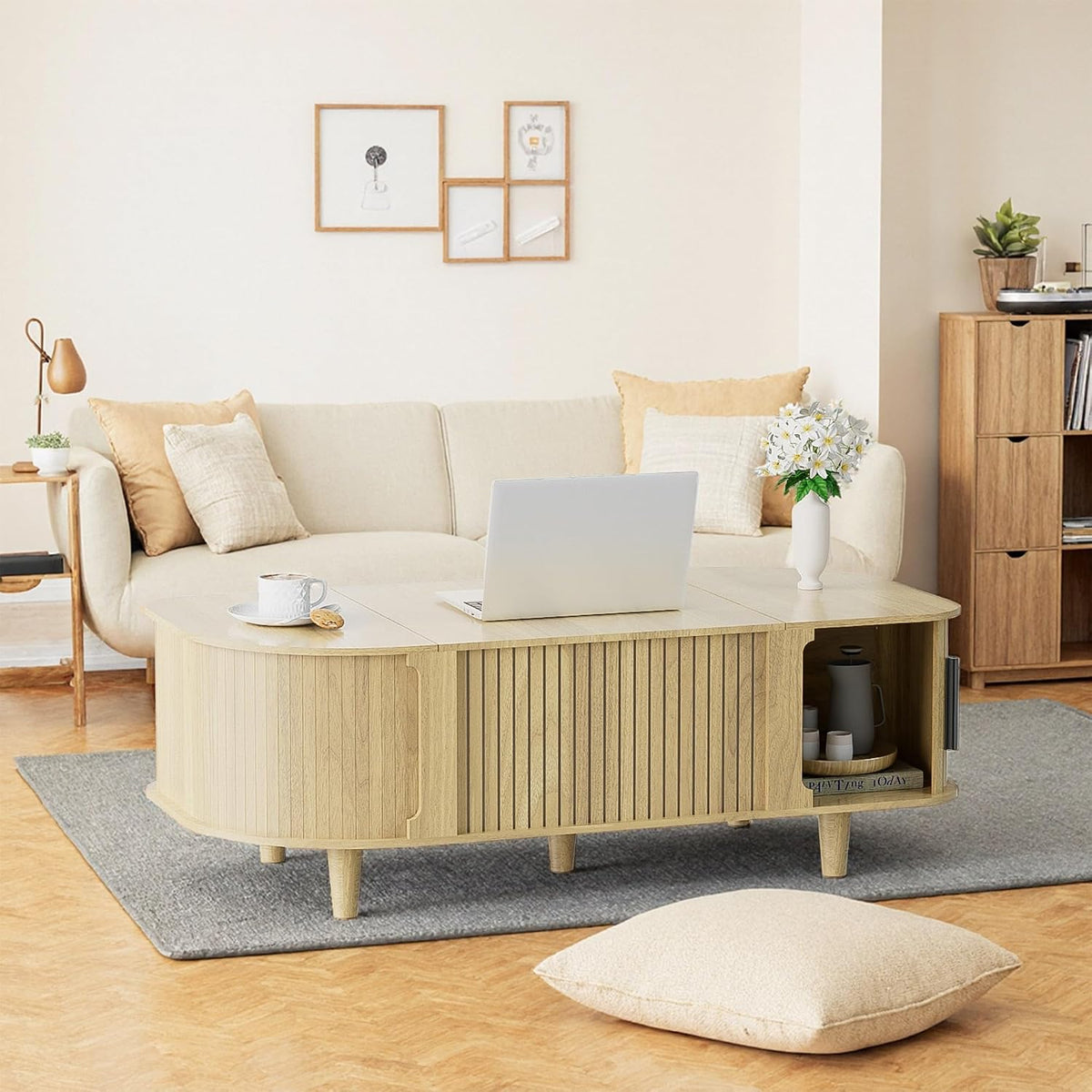 Lift Top Coffee Table, Oval Mid Century Modern Center Table with 3 Hidden Storage, 41' Coffee Tables with Sliding Door and Open Cabinet for Living Room Bedroom Office, Natural Wood