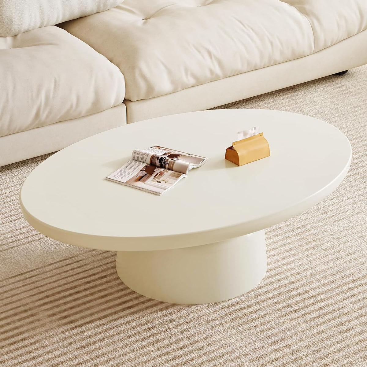 Oval Coffee Table, Creamy White Cute Center Table, Modern Coffee Table for Living Room, Bedroom,Office,Easy Assembly