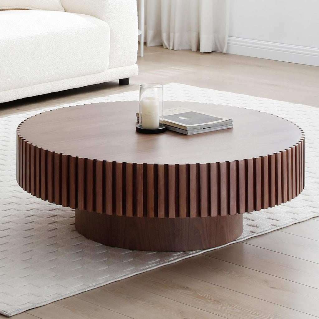 31.49' Coffee Table, Round Coffee Table Fluted, Wood Coffee Table for Living Room, Handcrafted Relief Carving, Easy Assembly, Walnut
