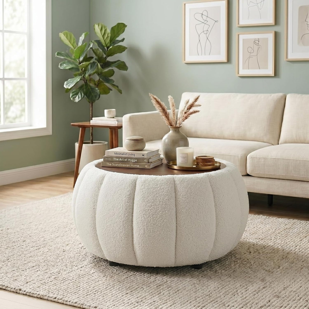 Ottoman Coffee Table for Living Room, Wooden Top Large Storage Ottoman, 30 Inches Round Coffee Table, Pumpkin Shaped Side Table, Multifunctional Teddy Fabric Footstool (White)