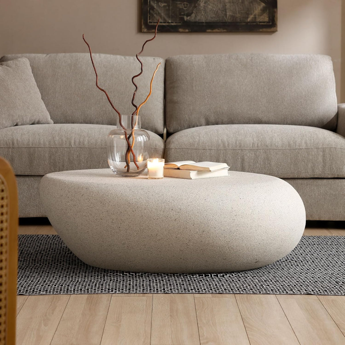 43.31 Modern Faux Stone Coffee Table for Living Room, Contemporary Rustic Style Curved Oval Coffee Table, Fiberglass Material & Grainy Stone Paint, No Assembly, Cream White