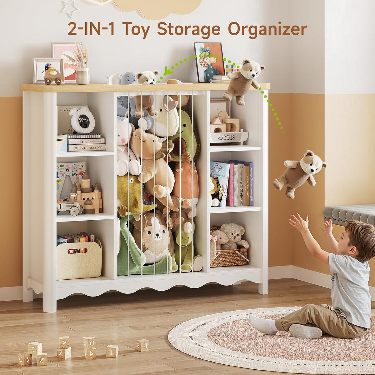 Wooden Stuffed Animal Storage, 6 Cube Toy Storage Organizer w/Wave Design, Plush Toy Organizers and Storage w/Elastic Band Thick Board, Kids Bookshelf for Kids Room Nursery Playroom (White and Nature)