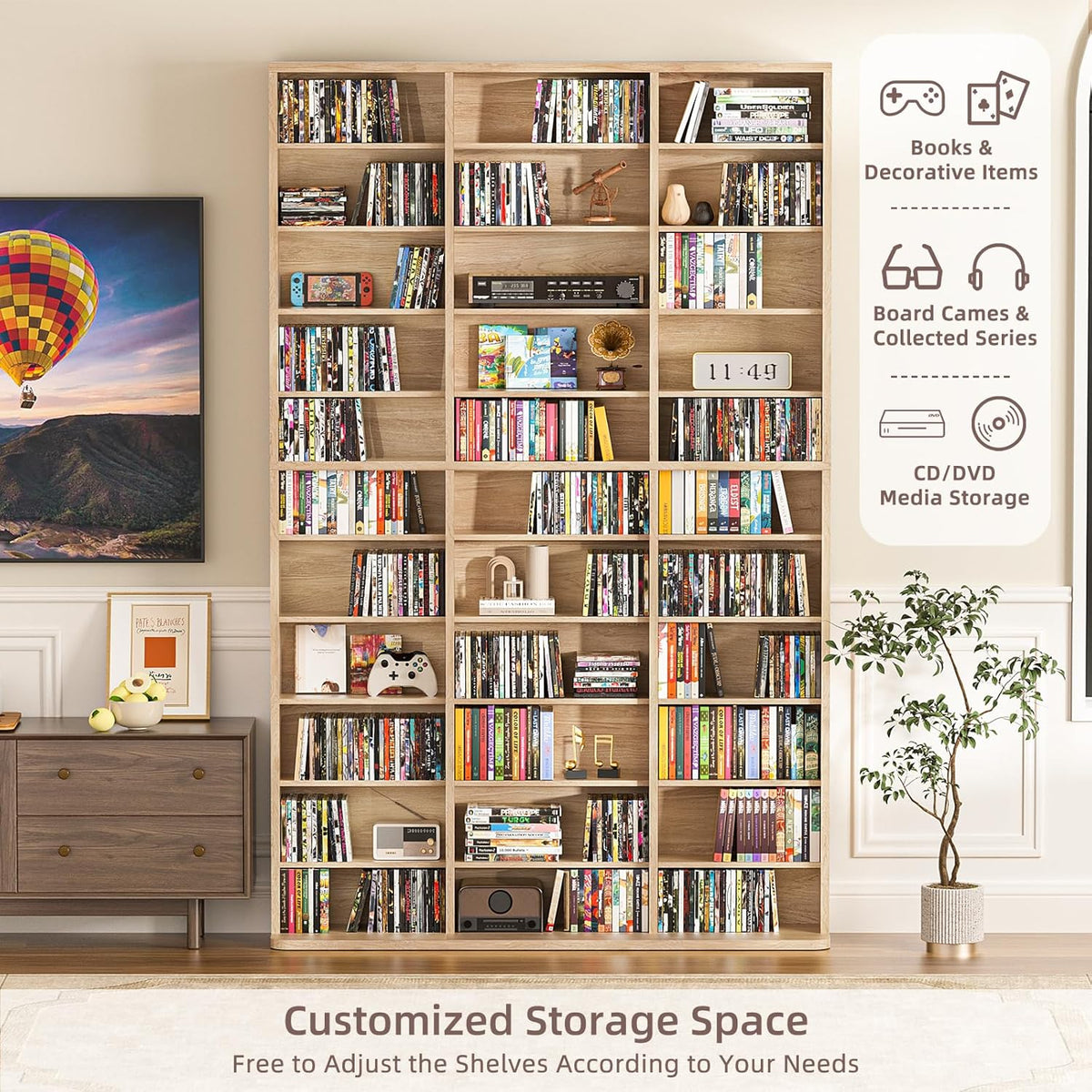 11 Tier Tall Display Cabinet, Natural Media Storage Cabinet with Adjustable Shelves, Free Standing DVD Organizer Shelf, Floor multimedia storage manga bookshelf for Living Room & Home Office.