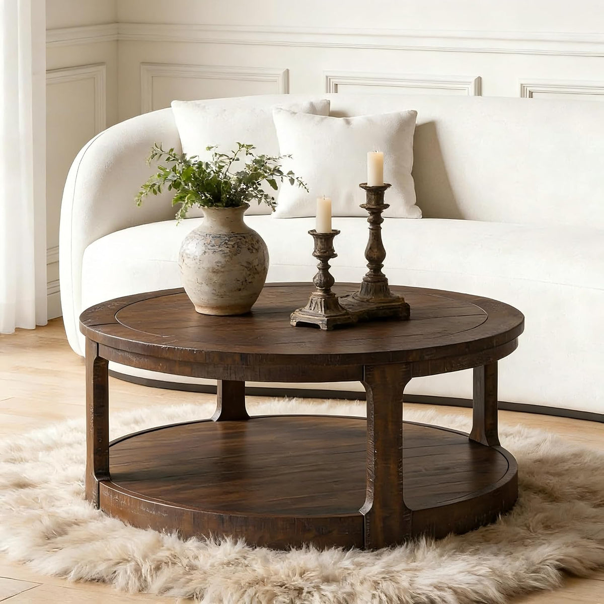 Coffee Table Round Wood 40' Modern Coffee Tables for Living Room Brown Circle Center 2-Tier Solid Desktop Accent with Shelf Storage Minimalistic Design Home Furniture Apartment Office Easy to Assemble