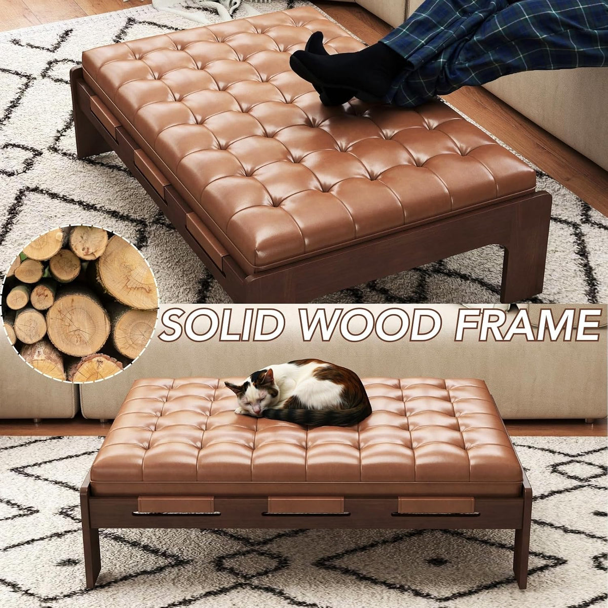chairus 47.75' Large Rectangle Ottoman Coffee Table, Tufted Faux Leather Upholstered Living Room Coffee Table with Solid Wood Frame, Oversized Mid-Century Modern Footrest Ottoman, Brown PU