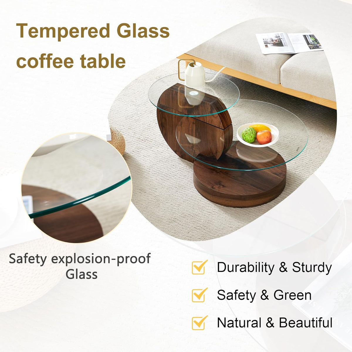 Ebullient Modern Round Glass Coffee Table, 3-Tier Wood Base Geometric Center Table for Living Room, Contemporary Accent Furniture, 35.4 Inch