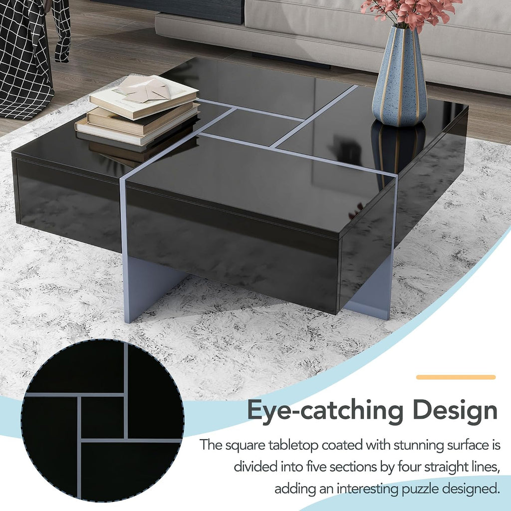 31.5' Black Square Coffee Table with 4 Hidden Storage Compartments, UV High-Gloss Design Wooden Center Table Cocktail Table for Living Room