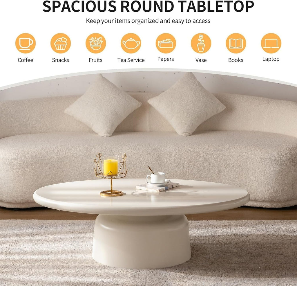 White Oval Coffee Table Modern Circle Center Table Circular Coffee Tables with Stable Pedestal, for Living Room, Bedroom, Farmhouse Outdoor Patio (Oval Coffee Table)