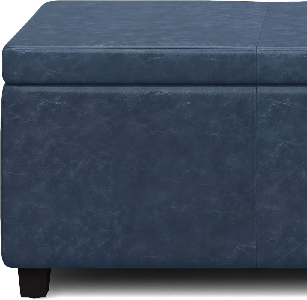 SIMPLIHOME Avalon Storage Ottoman Bench - 48' Wide x 16' High Upholstered Vegan Leather Rectangular Lift-Top Ottoman in Denim Blue, Contemporary Storage Bench for Living Room with High-Density Foam