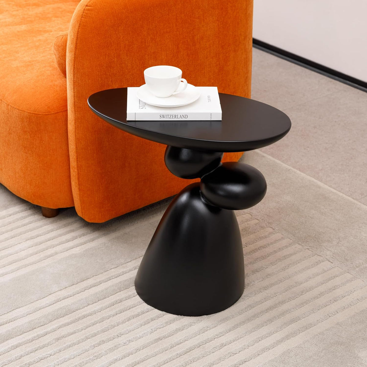 Lucky Stone Oval Coffee Table, Minimalist Fiberglass Tea Table with Sculptural Base, Scandinavian Modern Low Coffee Table for Living Room, Cozy Apartment & Studio, Black 20.1'
