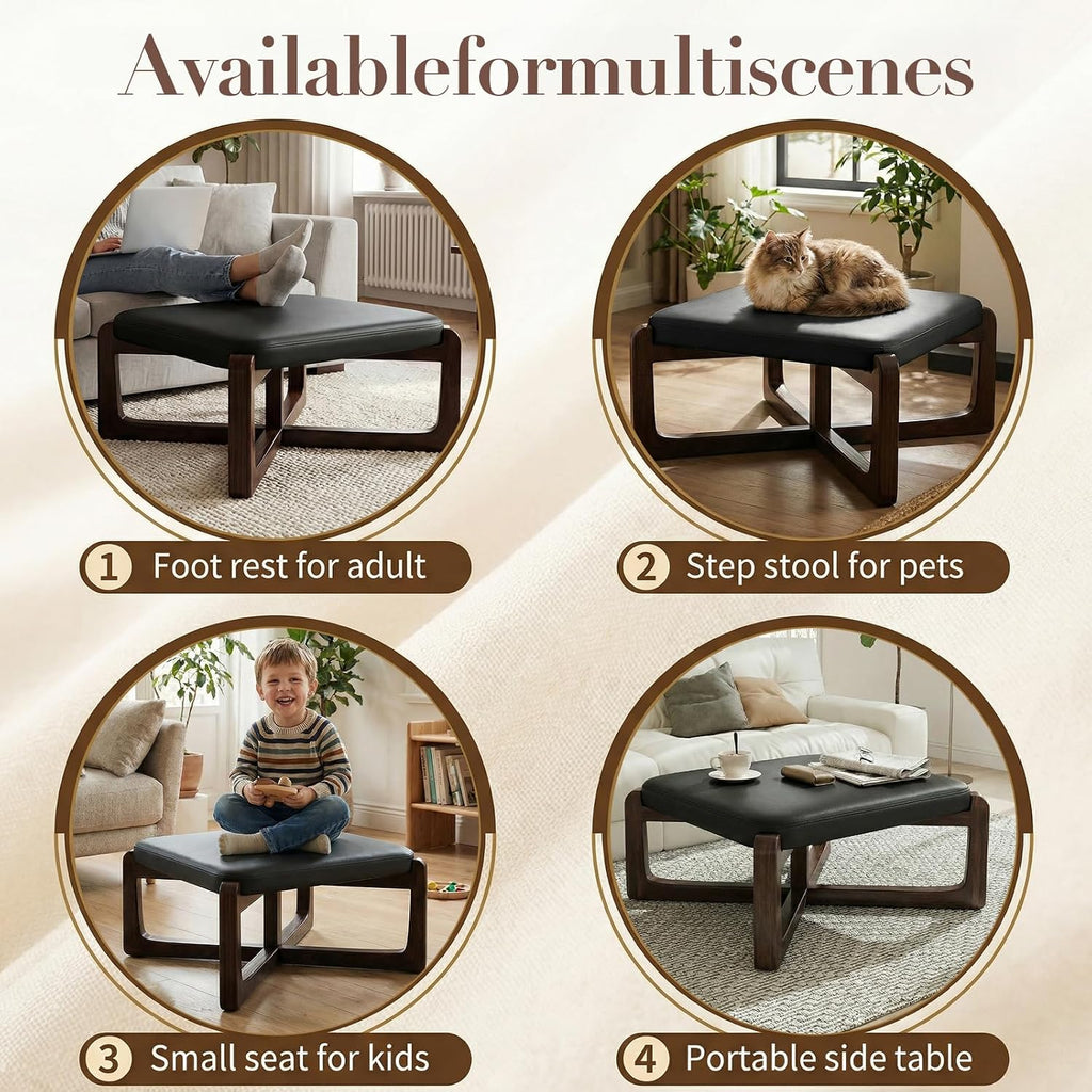 Faux Leather Square Coffee Table Ottoman,24' Coffee Table for Living Room Ottoman,Ash Wood Living Room Table,Small Footstool (Black)