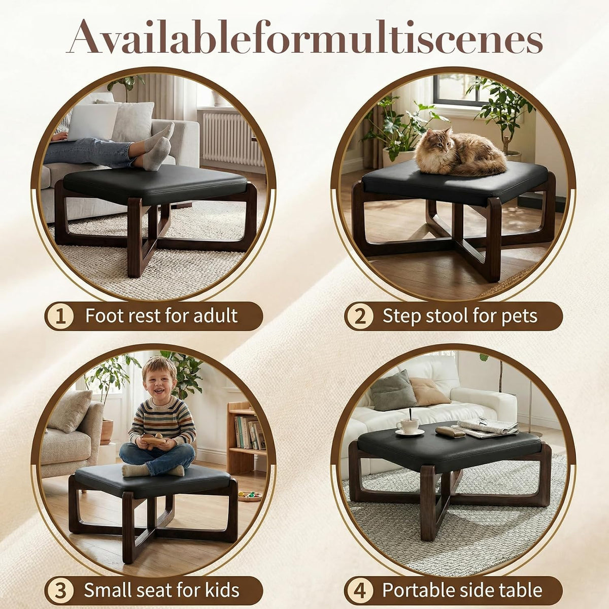 Faux Leather Square Coffee Table Ottoman,24' Coffee Table for Living Room Ottoman,Ash Wood Living Room Table,Small Footstool (Black)