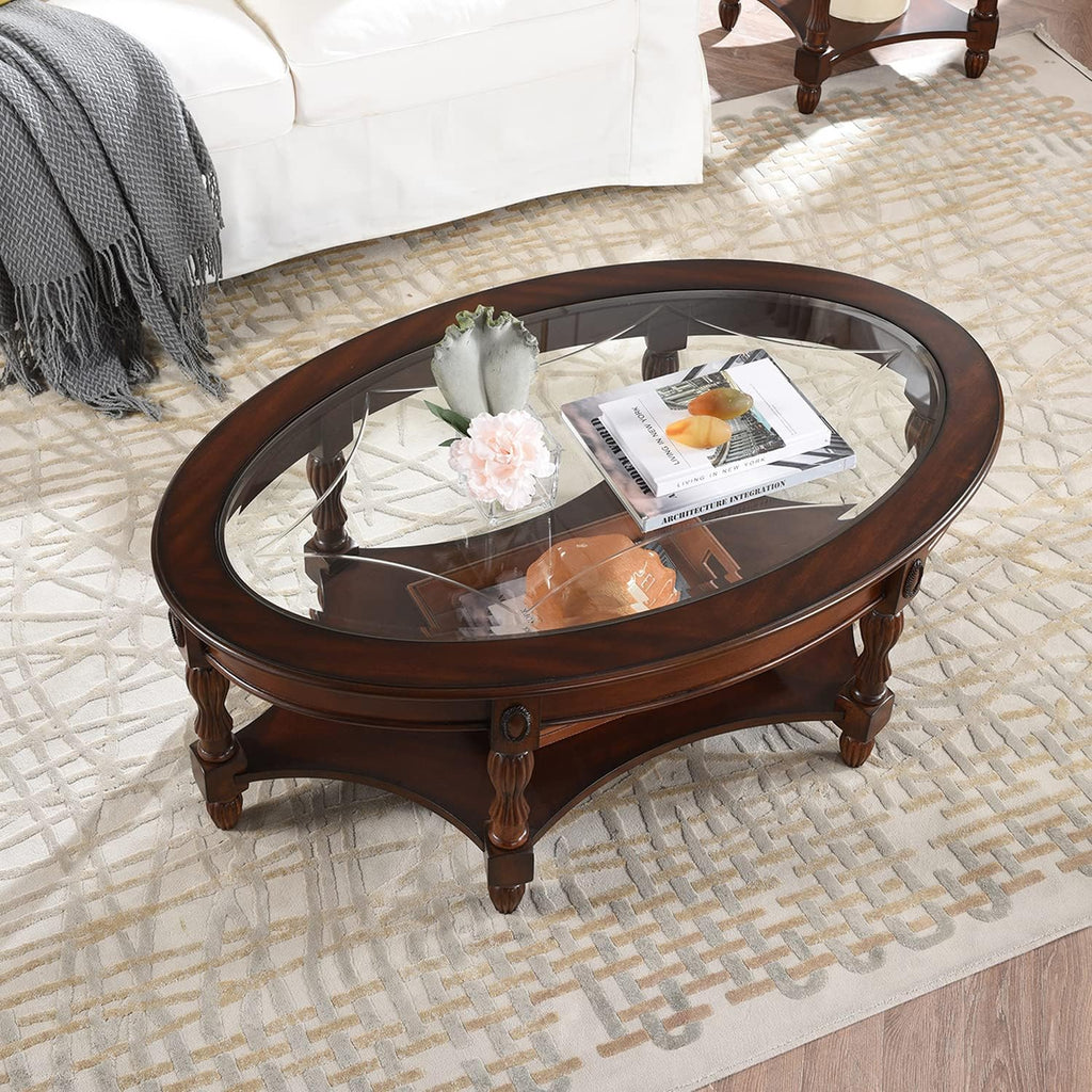 Traditional Solid Wood Oval Coffee Table, 45' x 18' Cherry Walnut Finish with Tempered Glass Top & Vintage Carved Edge, Elegant Center Table for Living Room