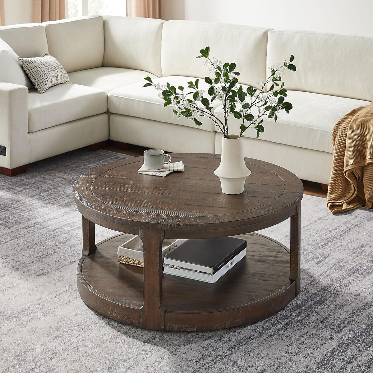 Coffee Table Round Wood 40' Modern Coffee Tables for Living Room Brown Circle Center 2-Tier Solid Desktop Accent with Shelf Storage Minimalistic Design Home Furniture Apartment Office Easy to Assemble