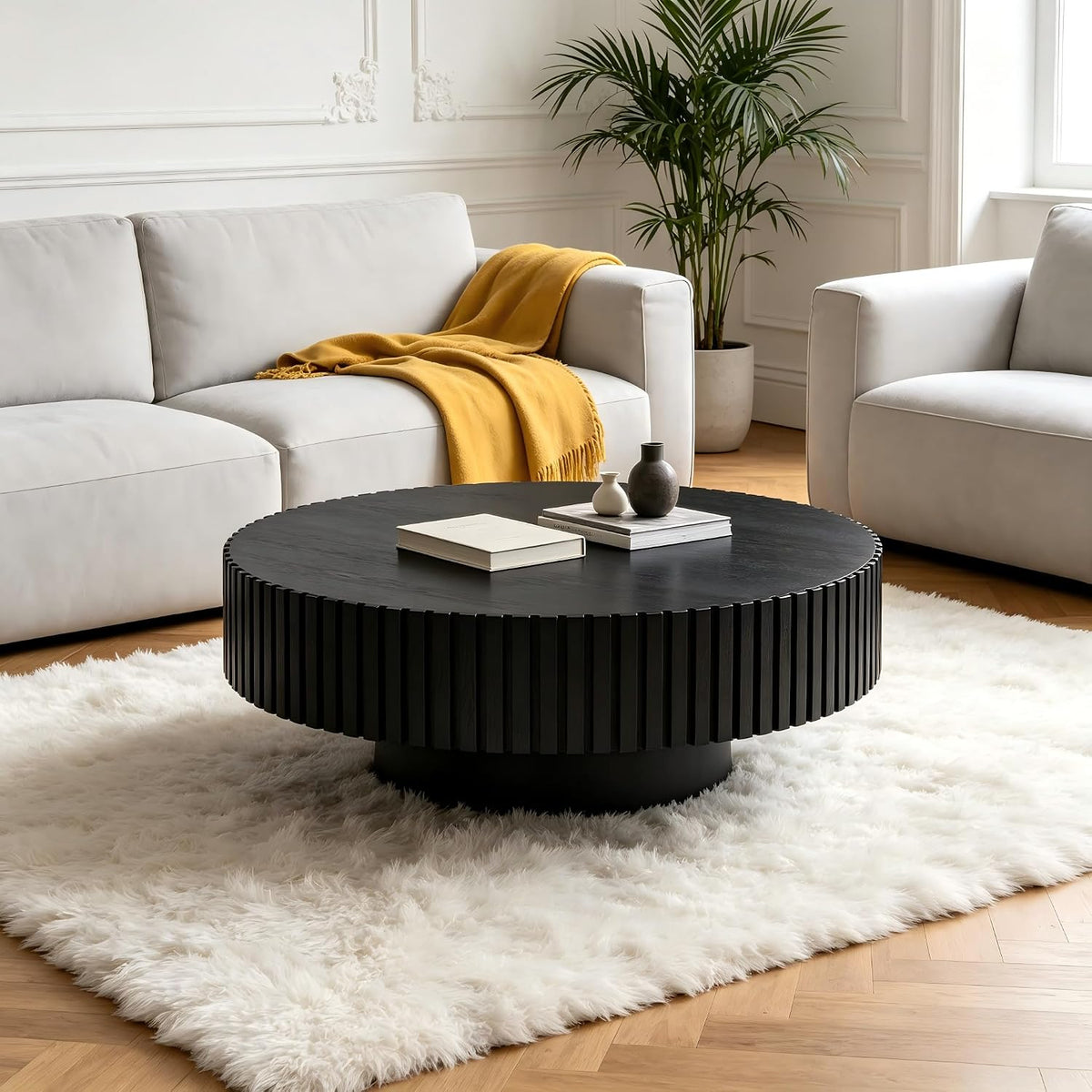 KEVINSPACE Round Coffee Table, 39' Big Wooden Fluted Coffee Table with Fluted Base, Circle Accent Center Table for Living Room Apartment Office Small Space, Easy Assembly, Black