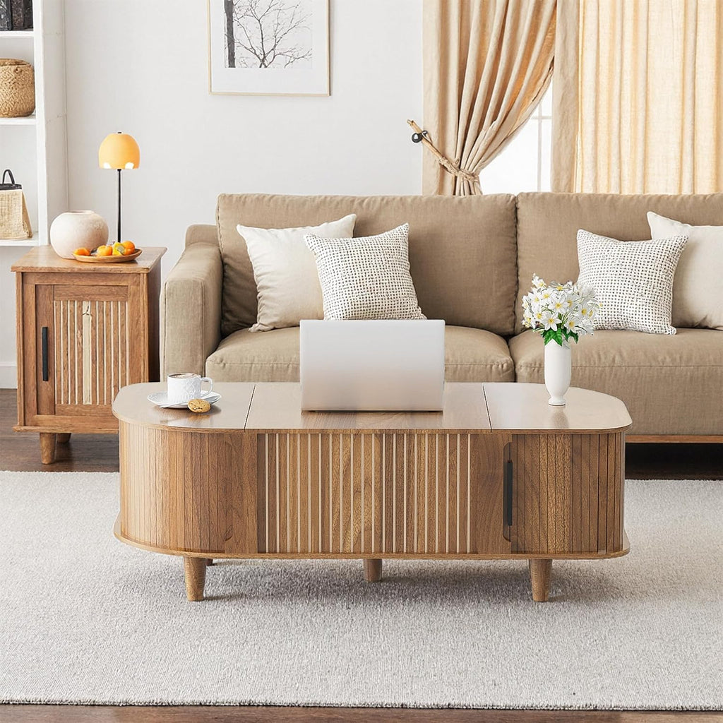 Lift Top Coffee Table, Oval Mid Century Modern Center Table with 3 Hidden Storage, 41' Coffee Tables with Sliding Door and Open Cabinet for Living Room Bedroom Office, Walnut Wood