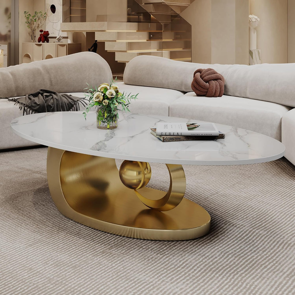 49.2' Oval Coffee Table, Modern Faux Marble Coffee Tables with Sculptural Sintered Stone Tabletop, Large Unique Tea Table with Stainless Steel Base for Living Room, Office, Bedroom, Gold+White