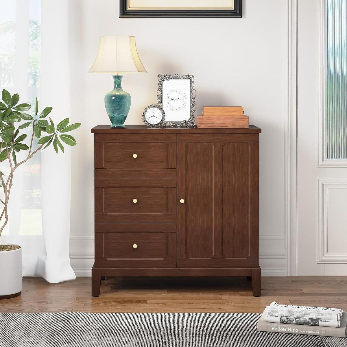 HLR Accent Cabinet with 3 Drawers and Door, Wooden Storage Cabinet with Shelves, Sideboard for Living Room, Entryway, Brown