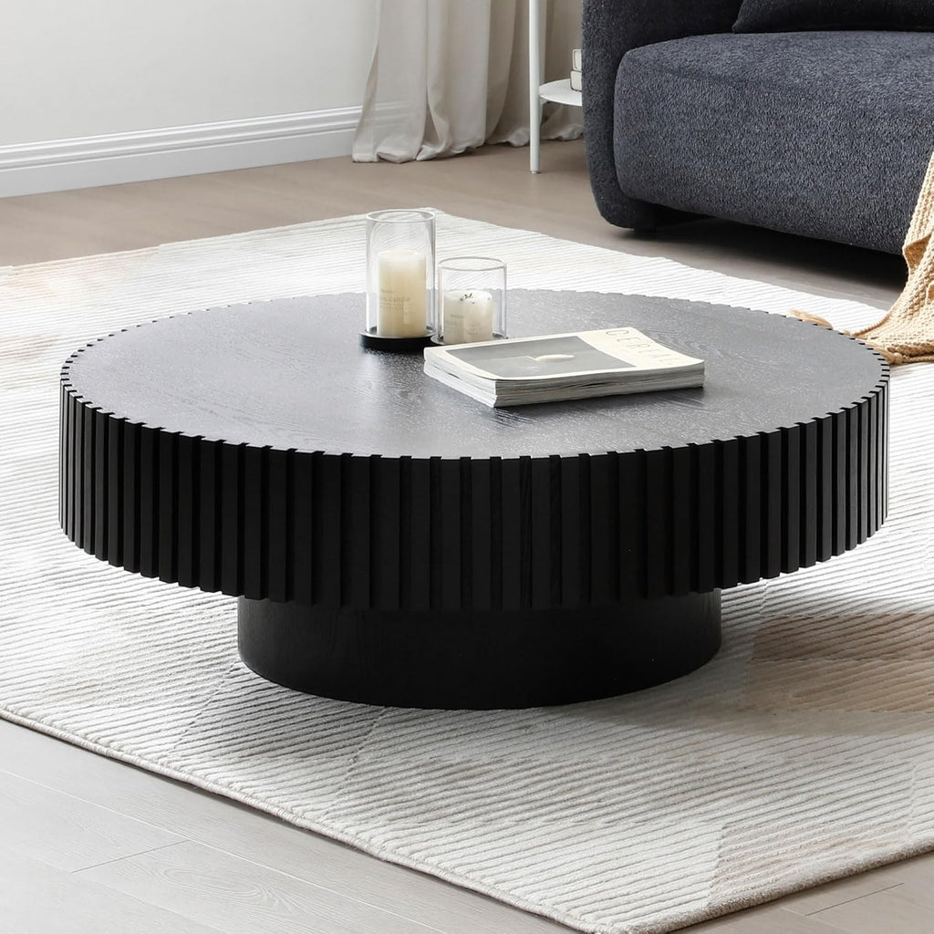 Round Coffee Table, 39.37' Coffee Table, Wood Coffee Table for Living Room, Handcrafted Relief Carving, Easy Assembly, Black