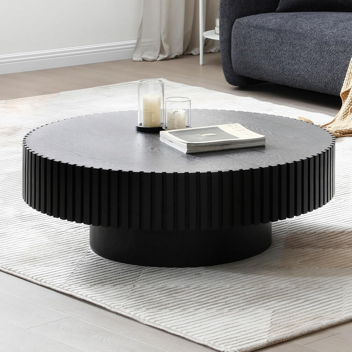 Round Coffee Table, 39.37' Coffee Table, Wood Coffee Table for Living Room, Handcrafted Relief Carving, Easy Assembly, Black