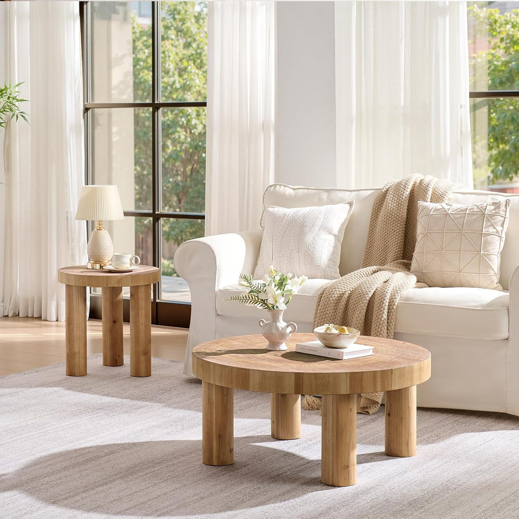 RUSTOWN 2-Piece Round Farmhouse Coffee Table, Rustic Coffee Table Sets, Circle Wooden Ring Finish with Solid Wood Legs, Center Tables Set for Living Room (Natural)