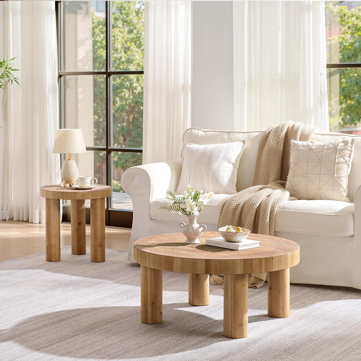 RUSTOWN 2-Piece Round Farmhouse Coffee Table, Rustic Coffee Table Sets, Circle Wooden Ring Finish with Solid Wood Legs, Center Tables Set for Living Room (Natural)