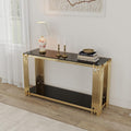 Modern Glass Console Table, 55' Entryway Sofa Table with Gold Stainless Steel Frame and Black Glass Top, Luxury Rectangular 2-Tier Console Table with Storage Shelves for Living Room