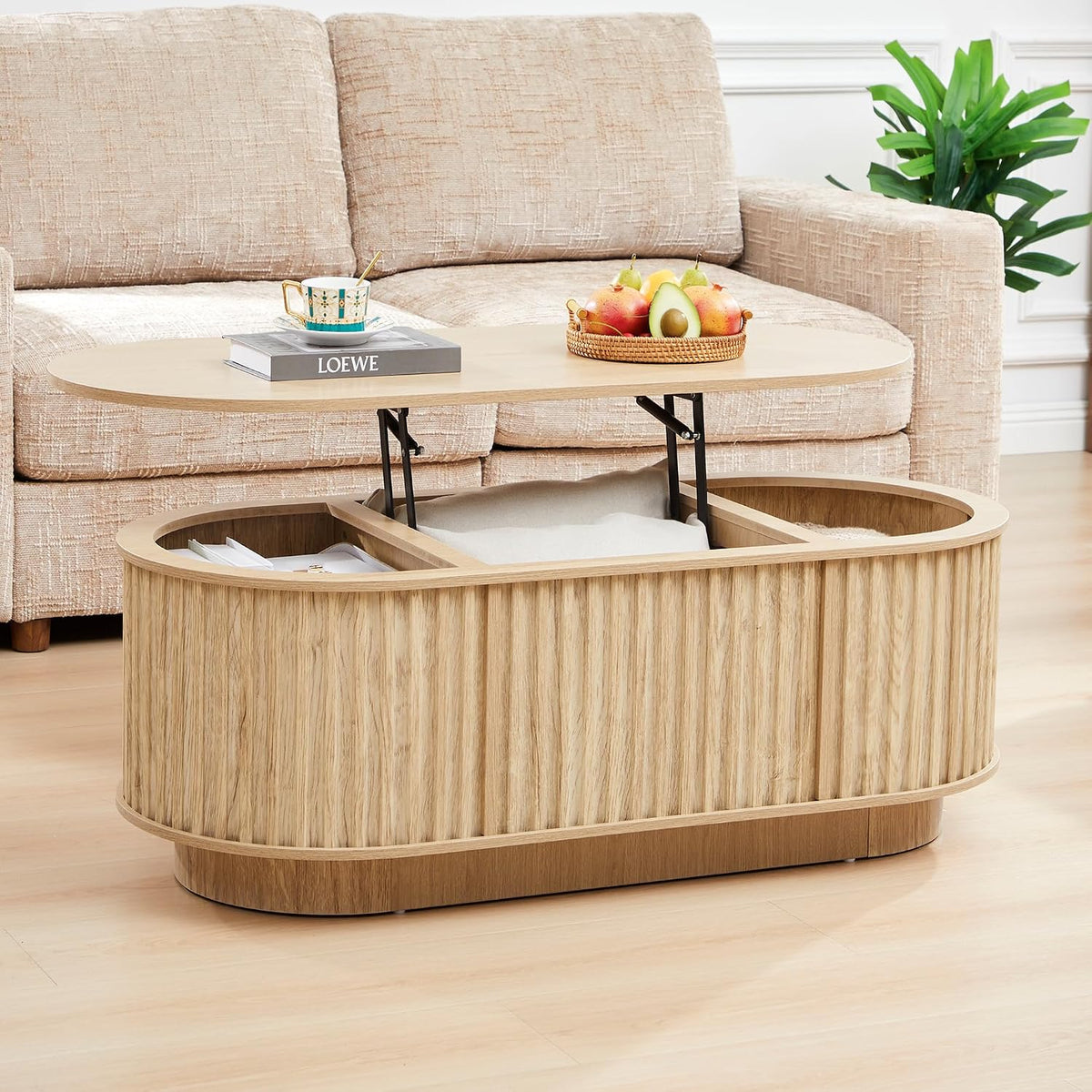 Oval Lift Top Coffee Table with Storage, 43.3'Mid Century Modern Center Table with Hidden Compartment, Fluted Wooden Lift Tabletop Dining Table for Living Room Apartment Home Office,Natural