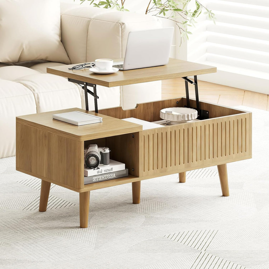 Lift Top Oval Coffee Table with Storage, 2-in-1 Height Adjustable Modern Coffee Table for Small Living Room & Apartment (Oak)