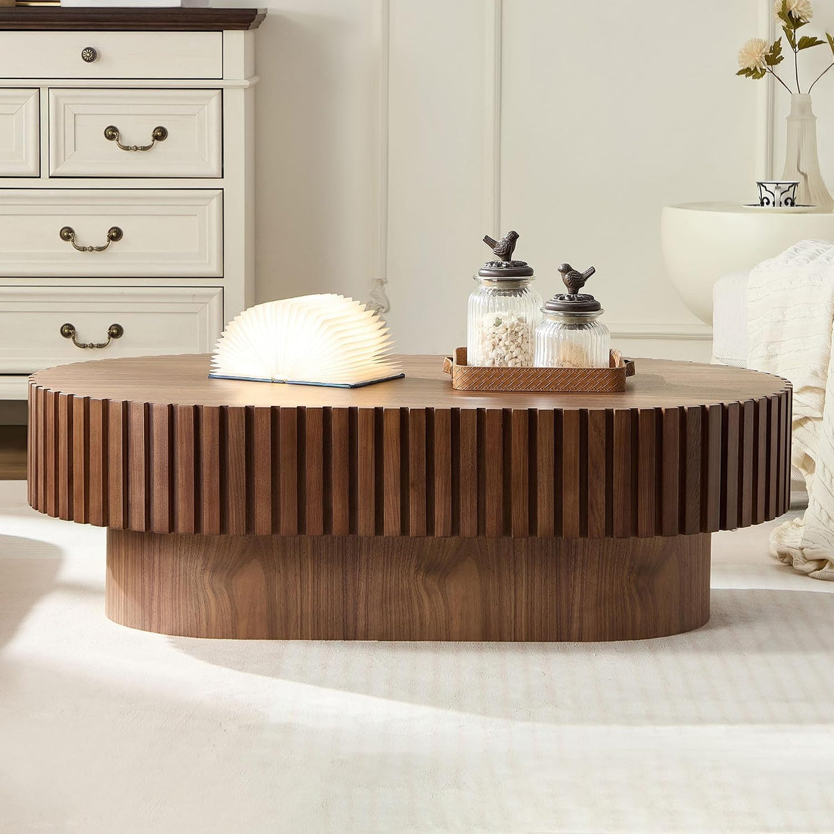 JUSTONE 43.7-Inch Oval Coffee Table, Farmhouse Solid Wood Drum Shape with Hand-Carved Relief, Living Room Apartment Décor, Walnut Finish, 43.7' L x13.7 H