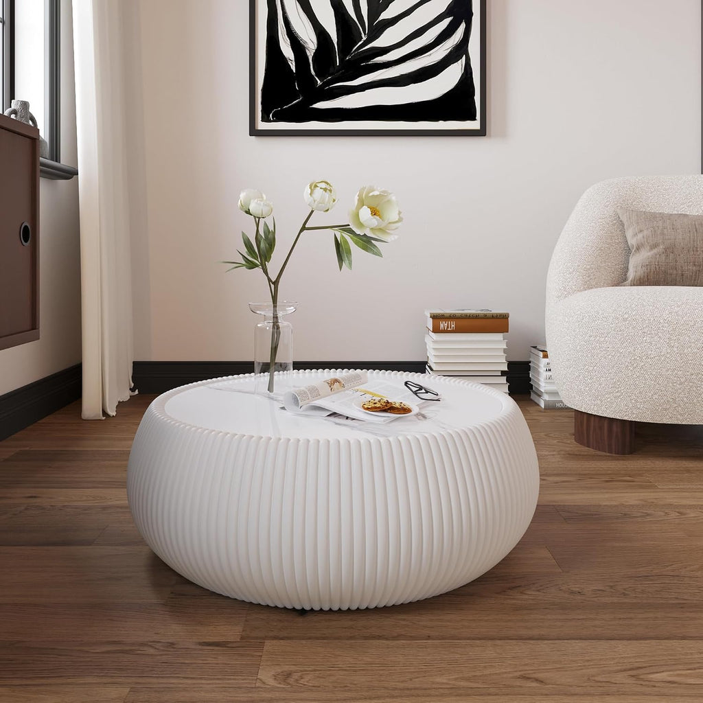27.55' Round Coffee Table with Marble Top, Luxury Sintered Stone Coffee Table PU Leather Drum Center Tables Circle Cocktail Tea Table for Living Room Apartment No Assembly Cream White