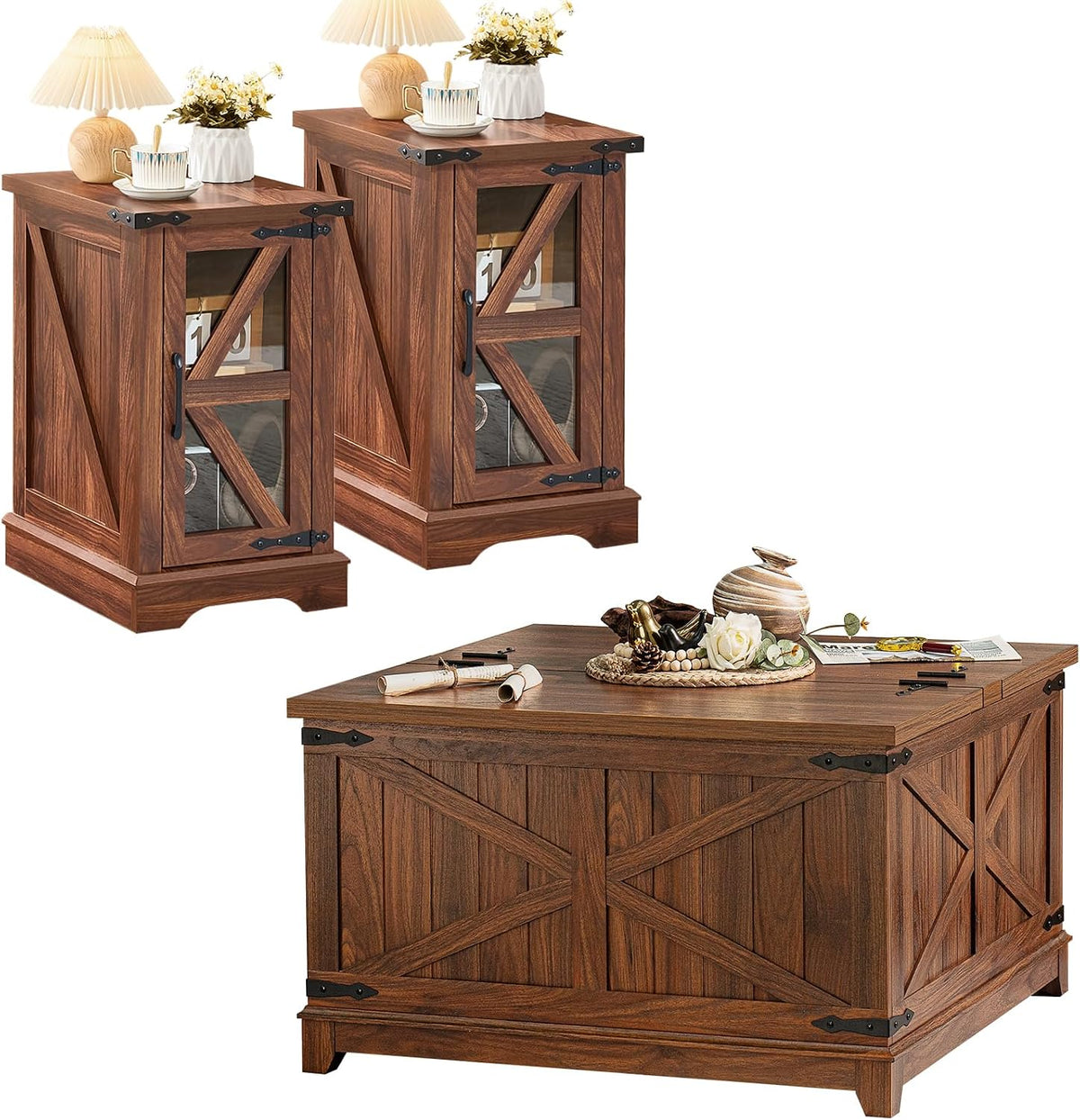 Joaxswe Farmhouse Coffee Table Sets 3 Pieces, Narrow Night Stand with Glass Barn Door Storage, Large Coffee Tables with Hidden Storage Organizer, Wood Furniture Sets for Living Room, Office, Brown