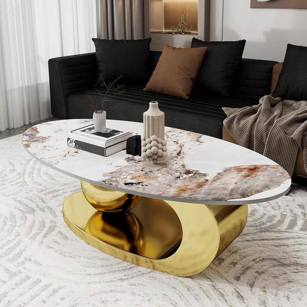 Modern Coffee Table Marble Top,Oval Coffee Table for Living Room,White Center Table with Stainless Steel Base Gold Base for Home,Office