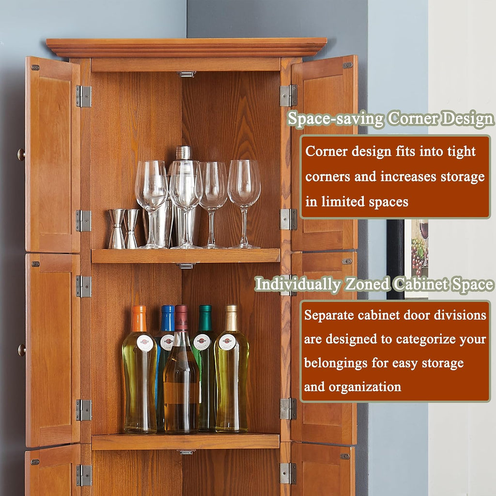 72' H Farmhouse Corner Storage Cabinet with 4 Shelves & 8 Doors, 4 Tier Kitchen Corner Pantry Cabinet Wooden Organizer Case Bookshelf, Home Space Saver Cabinet for Living Room,Kitchen