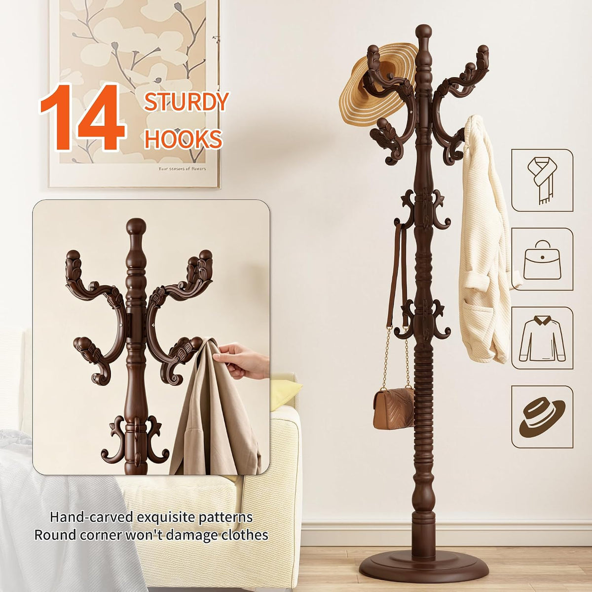 Wood Coat Rack Stand Wooden Coat Rack Freestanding Hall Coat Tree with Sturdy Round Base and 14 Hooks for Hats Bags Purses Vintage Coat Tree Hanger Stand for Entryway Hallway Bedroom, Brown