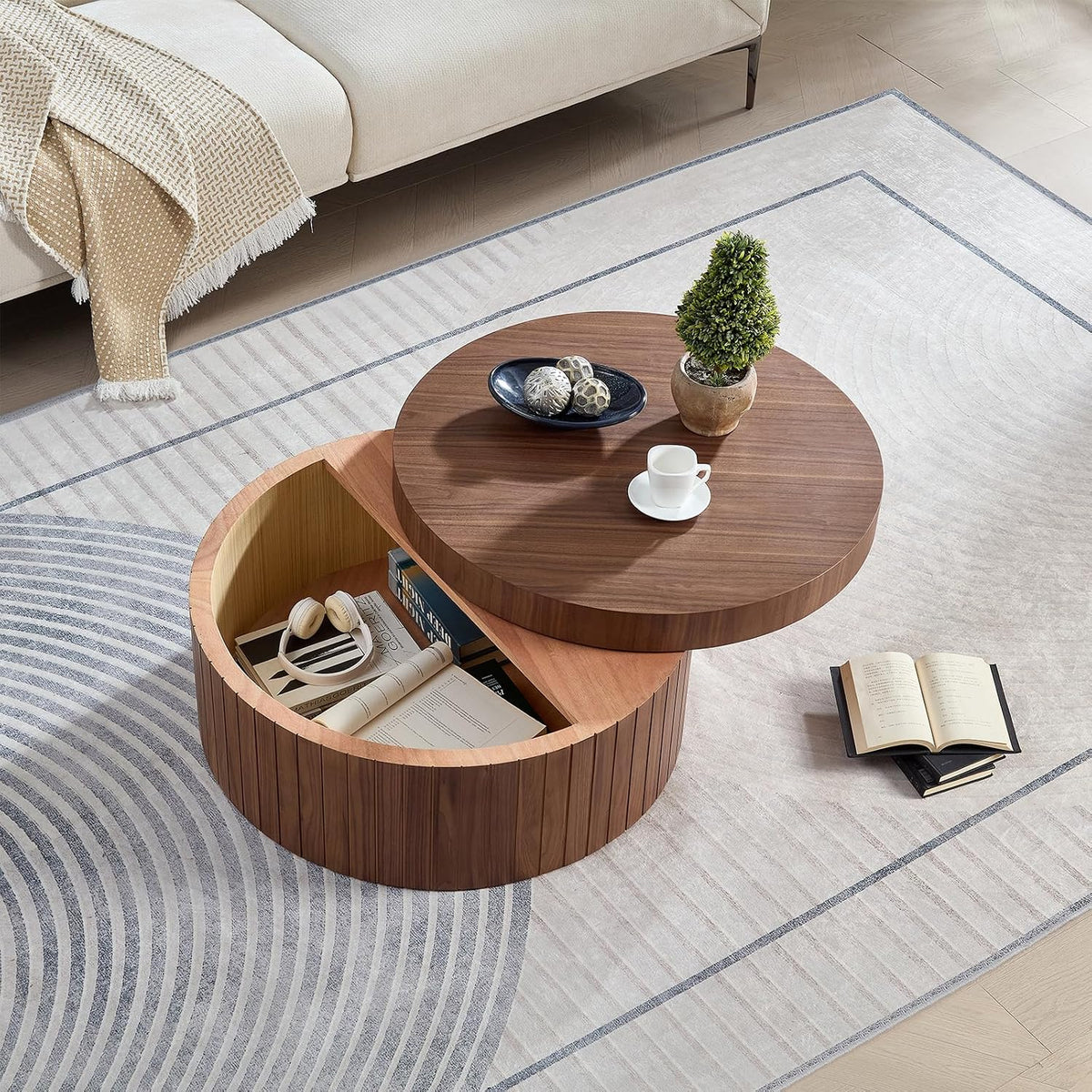 Modern Round Coffee Table with Storage, 31.49' Wooden Round Fluted Coffee Table, Circular Center Tables for Living Room Apartment, No Need Assembly, Walnut