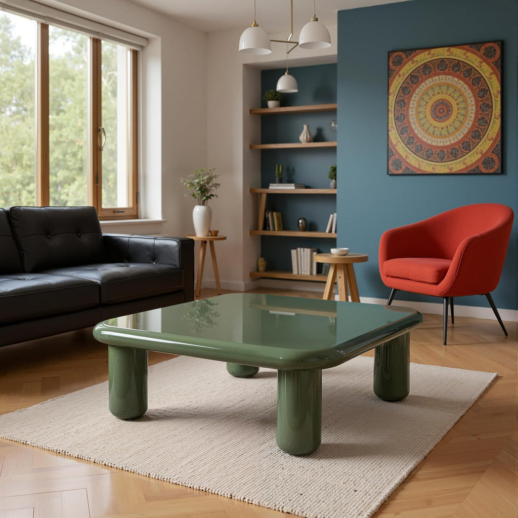 Acanva Modern Coffee Tables with High Glossy Finish, Curved Edges, Accent Center Furniture for Living Room Home Office, Square Table, Olive Green