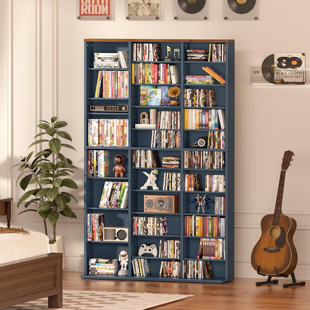 LELELINKY 11 Tier Tall Display Cabinet, Media Storage Cabinet with Adjustable Shelves, Free Standing DVD Organizer Shelf, Floor Multimedia Storage Manga Bookshelf for Living Room & Home Office,Blue
