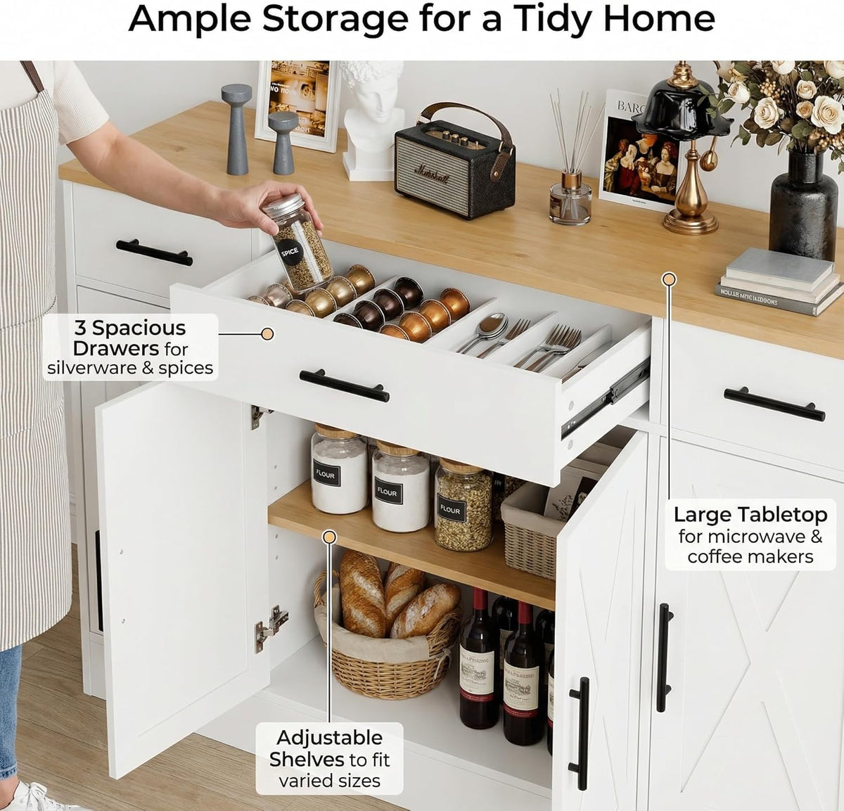 SUNLEI Kitchen Buffet Sideboard Cabinet, Farmhouse Coffee Bar Cabinet with Storage, Wooden Kitchen Storage Cabinet with 4 Doors & Adjustable Shelves, Modern Sideboard for Kitchen & Living Room, Ivory