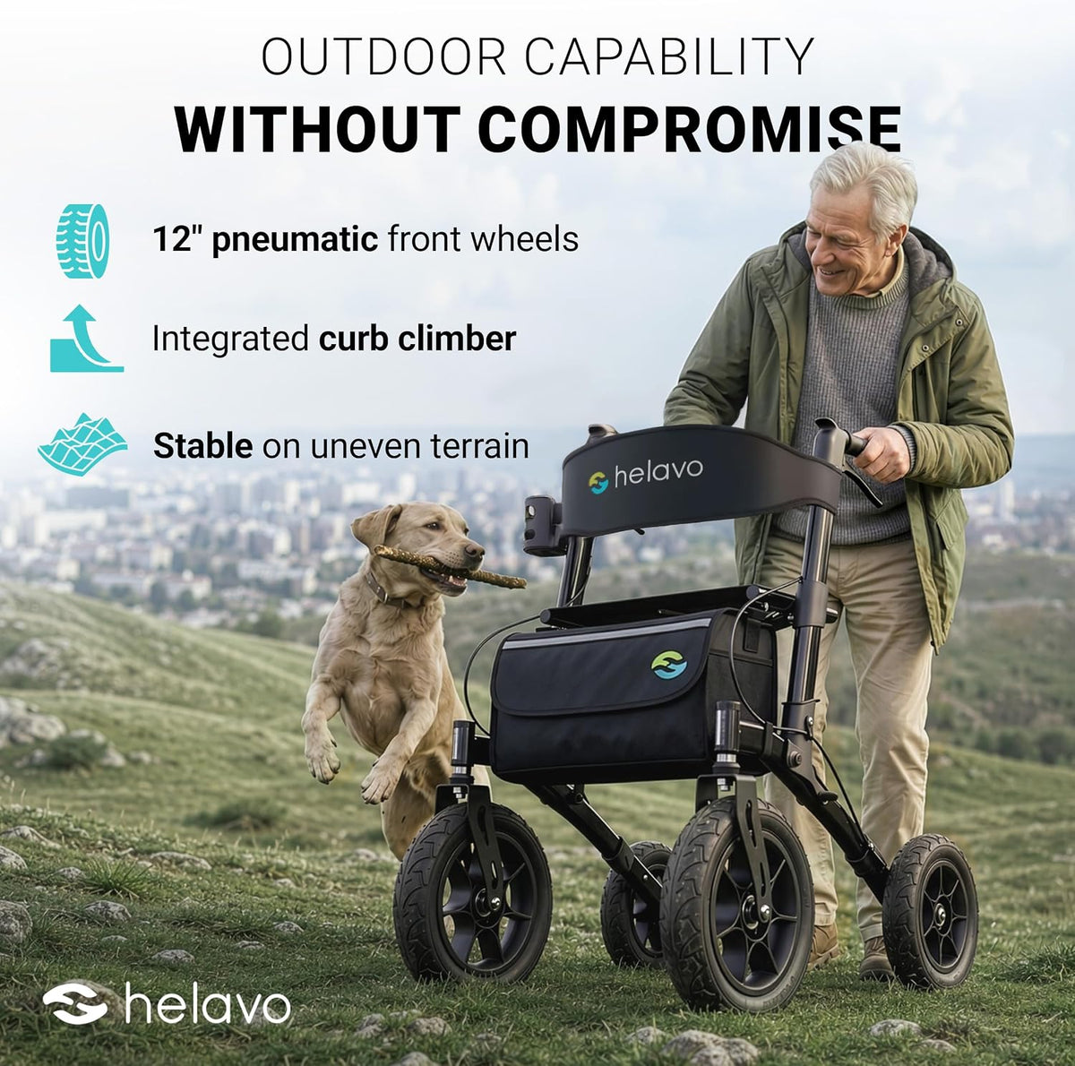 Helavo All Terrain Walker Rollator with 12' Pneumatic Tires – Foldable Outdoor Walkers for Seniors with Seat, Lightweight & Adjustable Height, Shock-Absorbing for Comfort on Any Surface