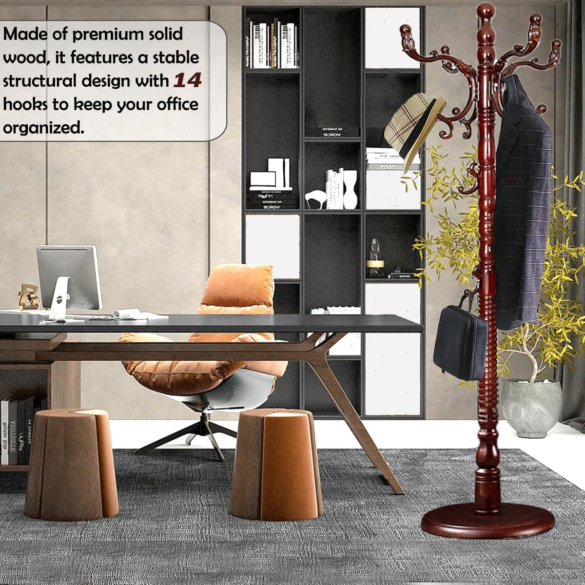 Coat Racks Free Standing with 14 Hooks, Natural Wood Coat Stands for Entryway, Adjustable Height 73 in Tree Coat Rack Stand for Hallway Home Office Bedroom (Mahogany)