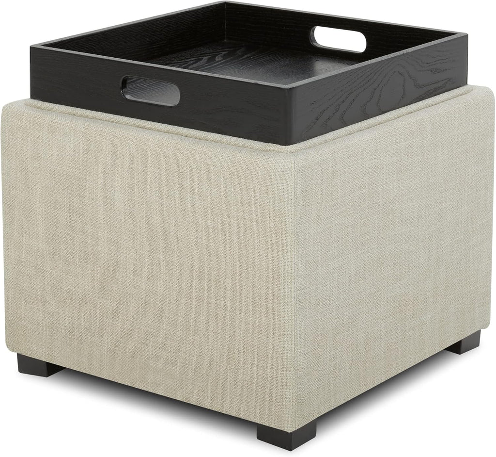 CHITA Storage Ottoman Cube with Tray Lid, Set of 2, Small Footstool with Storage, Square End Table for Living Room and Bedroom, Fabric in Linen