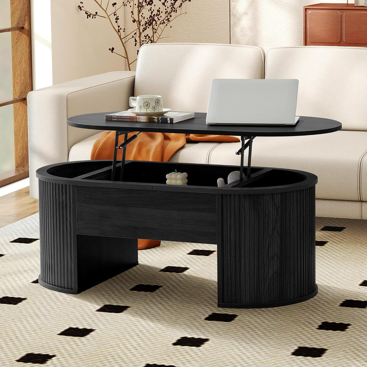 ORRD Lift Top Coffee Table, Fluted Coffee Table with Lifting Top, Wooden Lift Up Dining Table with Hidden Compartment, Center Table for Living Room, Office - Black