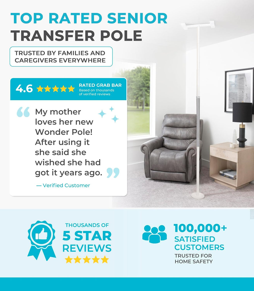 Stander Wonder Pole Slim, Tension Mounted Security-Pole, Elderly Floor to Ceiling Transfer-Pole for Seniors, Bathroom Grab Bar Stability Rail with Padded Handle, White