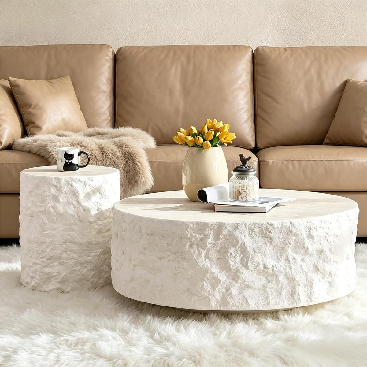 KEVINSPACE Round Coffee Table Set of 2, RoundFiberglass CoffeeTable for Living Room, Side Table for Bedroom Modern Drum CenterTable Circle Stone SideTables for Apartment, No Need Assembly