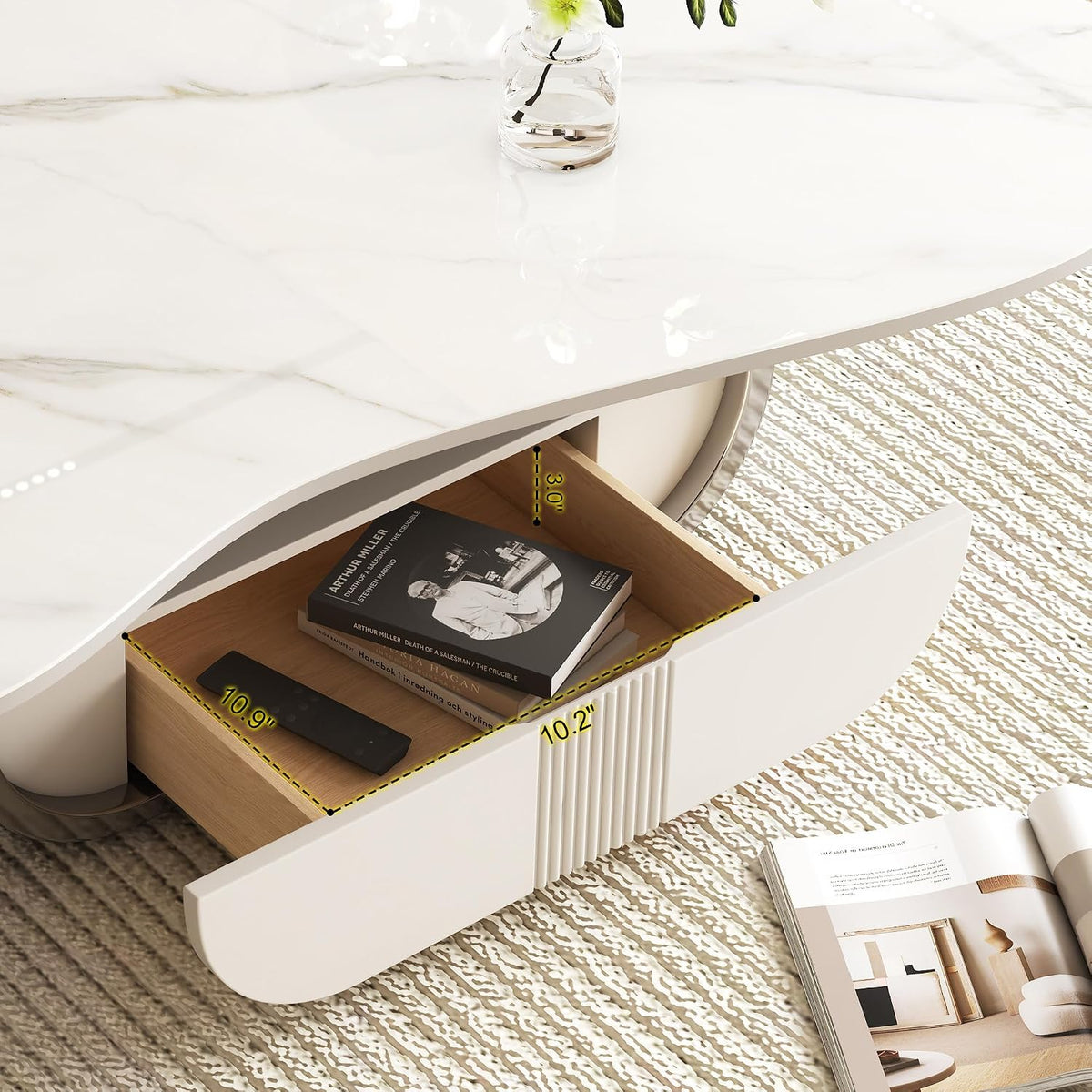 SSLine Modern Cloud Coffee Table Luxury Sintered Stone Top Coffee Table with Sculptural Geometric Stainless Steel Base and Storage Drawer,White Marble Grain Center Table for Living Room,Grey