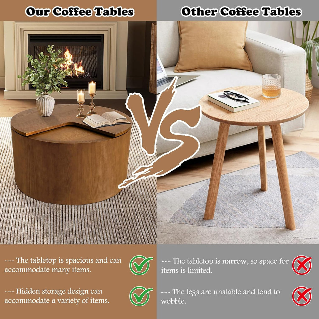 27.16' Round Coffee Table with Storage Modern Wooden Coffee Table Circle Accent Center Table for Living Room Small Space Apartment Office (Circle Brown)