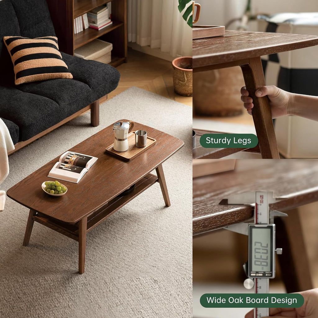 100% Solid Oak Wood Coffee Table for Living Room, 2-Tier Living Room Table with Storage Shelf, Mid Century Modern Coffee Tables (Walnut Colour, 39.37' W x19.68 D x 17.32' H)