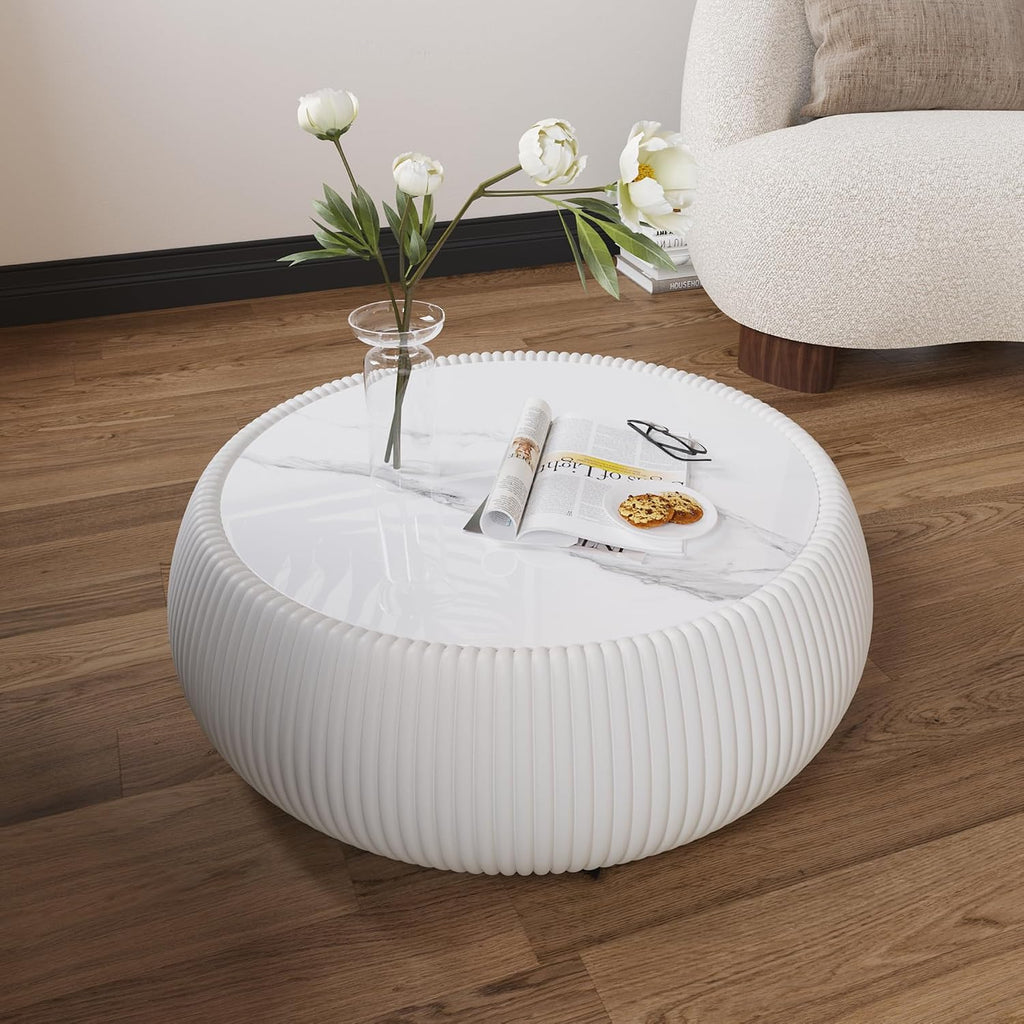 27.55' Round Coffee Table with Marble Top, Luxury Sintered Stone Coffee Table PU Leather Drum Center Tables Circle Cocktail Tea Table for Living Room Apartment No Assembly Cream White